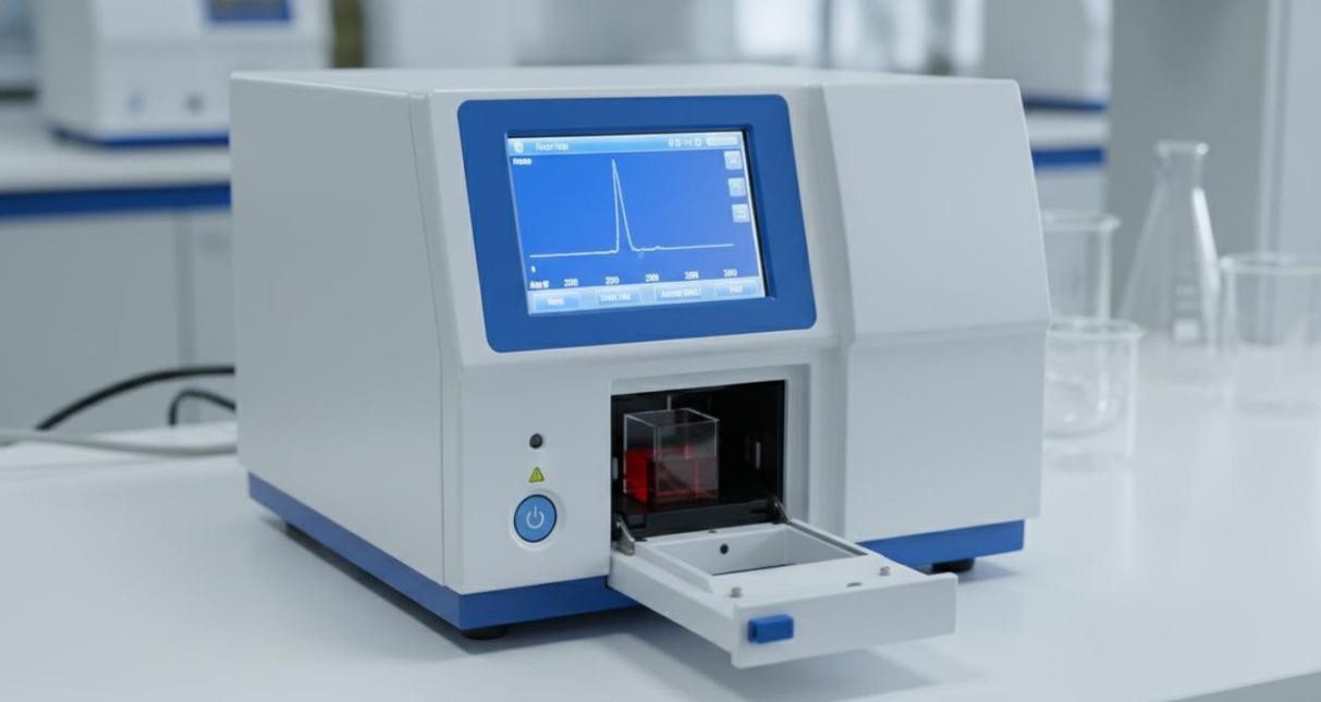UV-Vis spectrophotometer with red colloidal gold nanoparticle cuvette inserted and digital display showing an absorption peak
