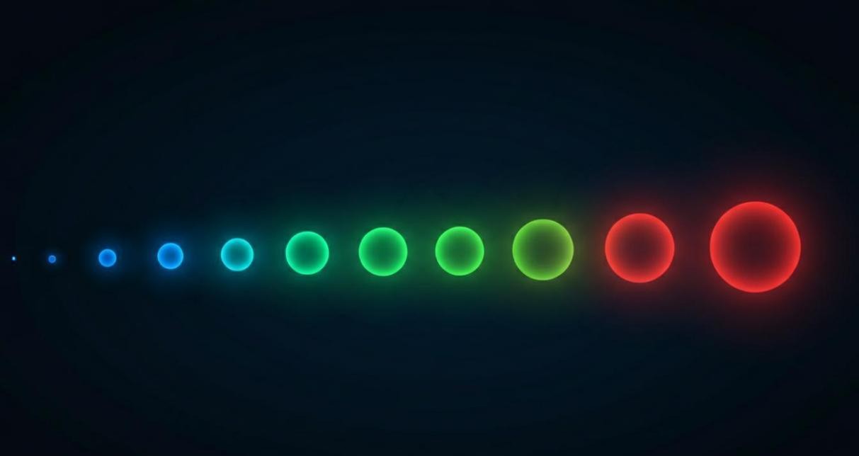 Quantum dots arranged by size showing size-dependent photoluminescence emission from blue through green to red