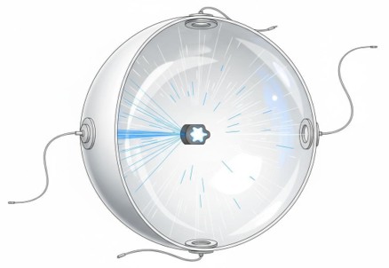 Cutaway illustration of an integrating sphere with a sample at the center and light diffusely reflecting from the interior walls