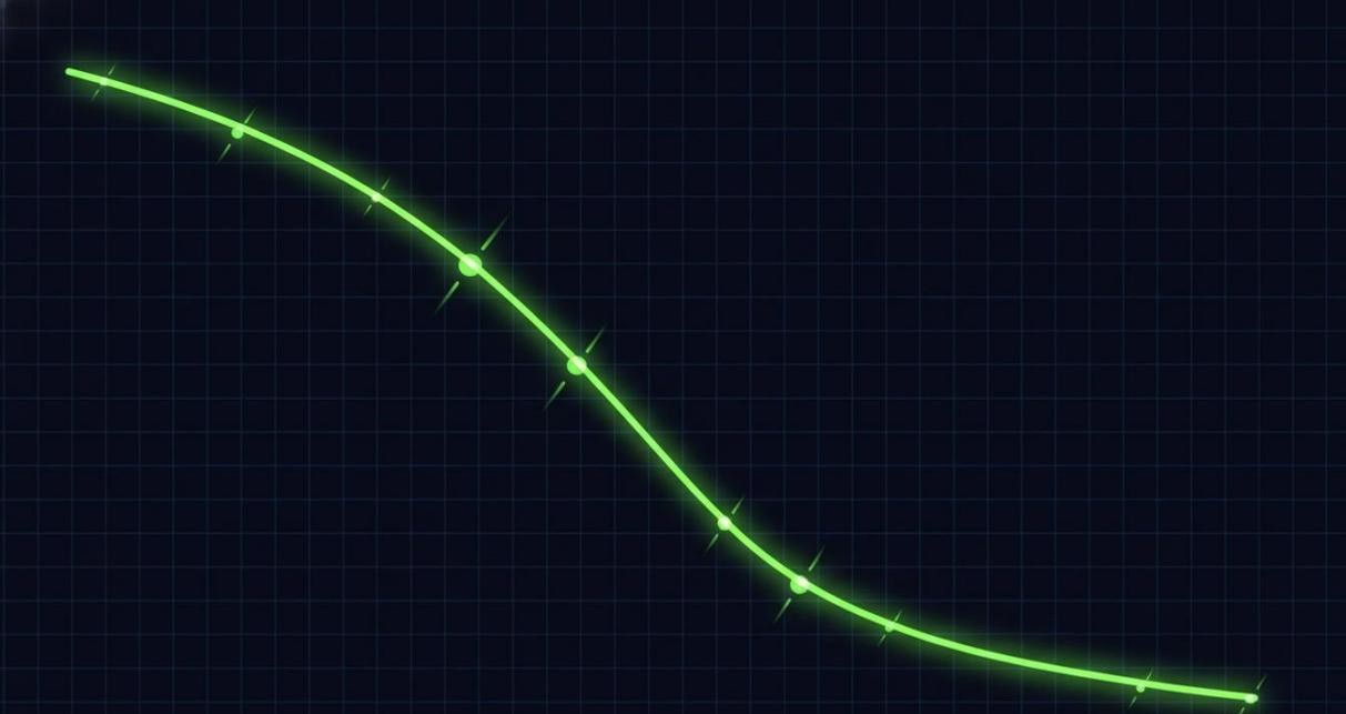 Green fluorescence lifetime exponential decay curve on a dark grid background with photon symbols along the trace