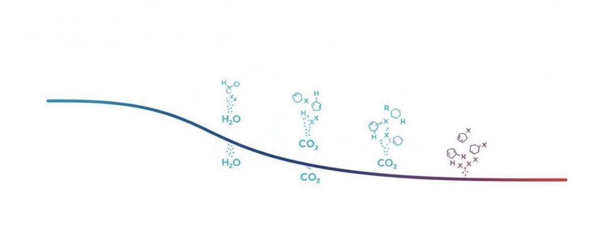 TGA curve illustration showing multi-stage mass loss with water and CO₂ molecules at decomposition steps