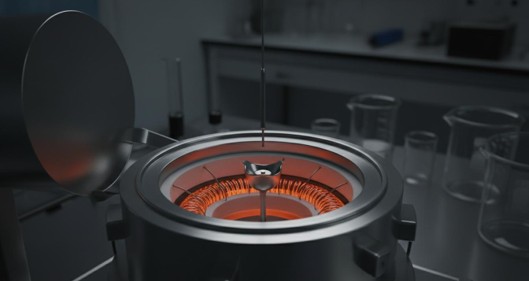 Open high-temperature furnace of a thermal analyzer with visible heating coils and sample pan holder