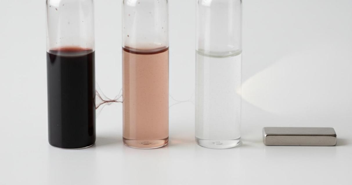 Three vials containing magnetic nanoparticle dispersions of different colors alongside a magnet bar
