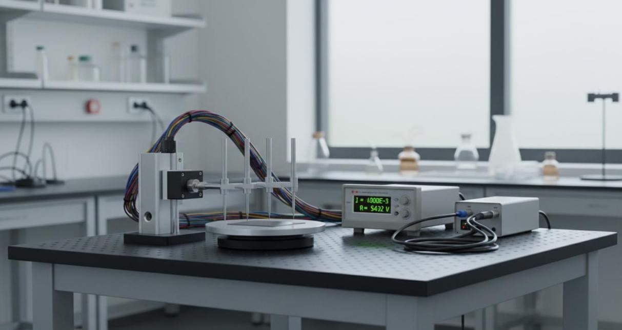 Four-point probe resistivity measurement station with probe head and source meter on an optical table