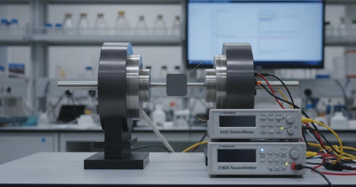 Hall effect measurement system with sample inside a cryostat between electromagnet pole pieces and source meter instruments