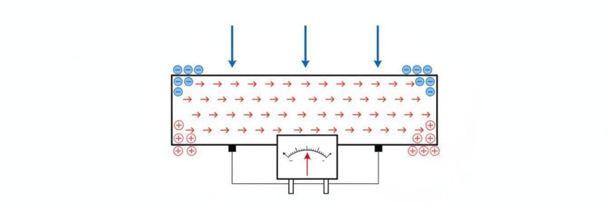 Schematic of the Hall effect showing charge carrier deflection by a perpendicular magnetic field and resulting Hall voltage