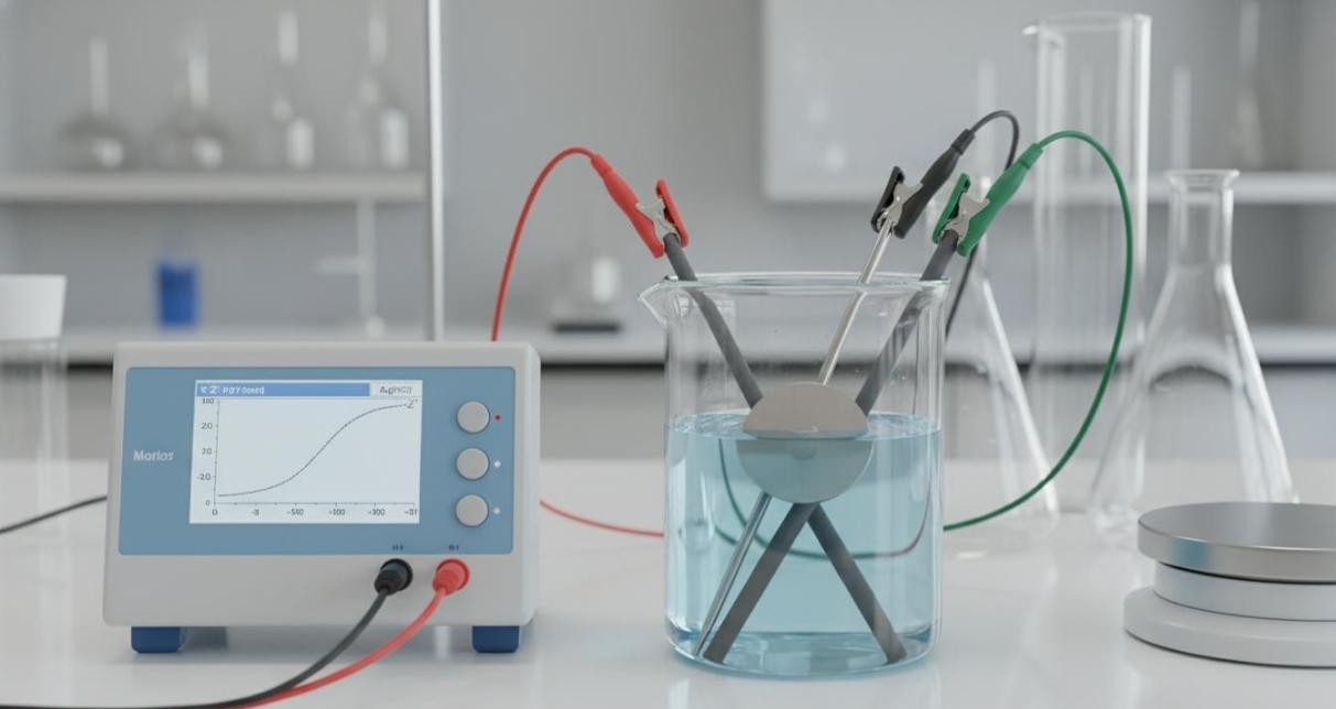 Three-electrode electrochemical cell connected to a potentiostat for impedance spectroscopy measurements