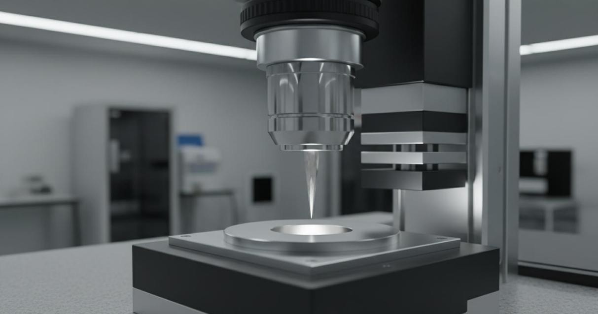 Precision nanoindentation instrument with Berkovich diamond indenter tip above polished sample on piezoelectric stage in materials testing lab