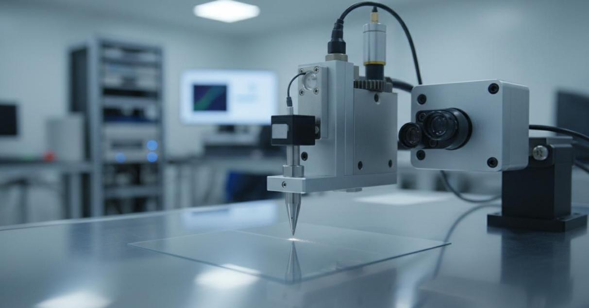 Nanoscratch testing instrument with diamond stylus tip drawing across coated substrate while optical profilometry and acoustic emission monitor coating failure