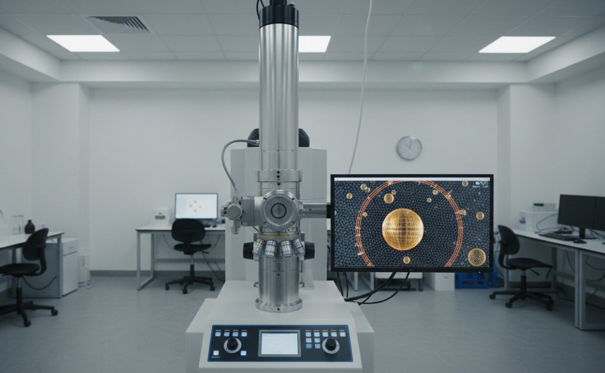 High-resolution transmission electron microscope with nanoparticle imaging display in a clean laboratory