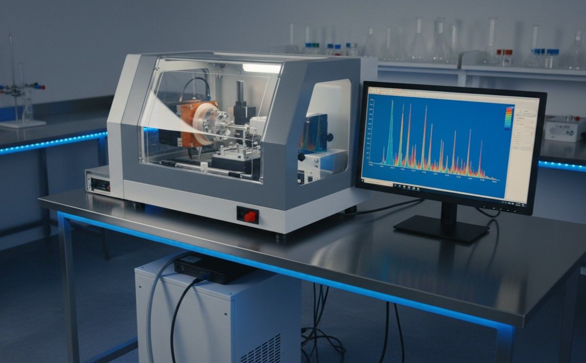 X-ray diffractometer showing colorful crystalline diffraction patterns for nanomaterial phase identification