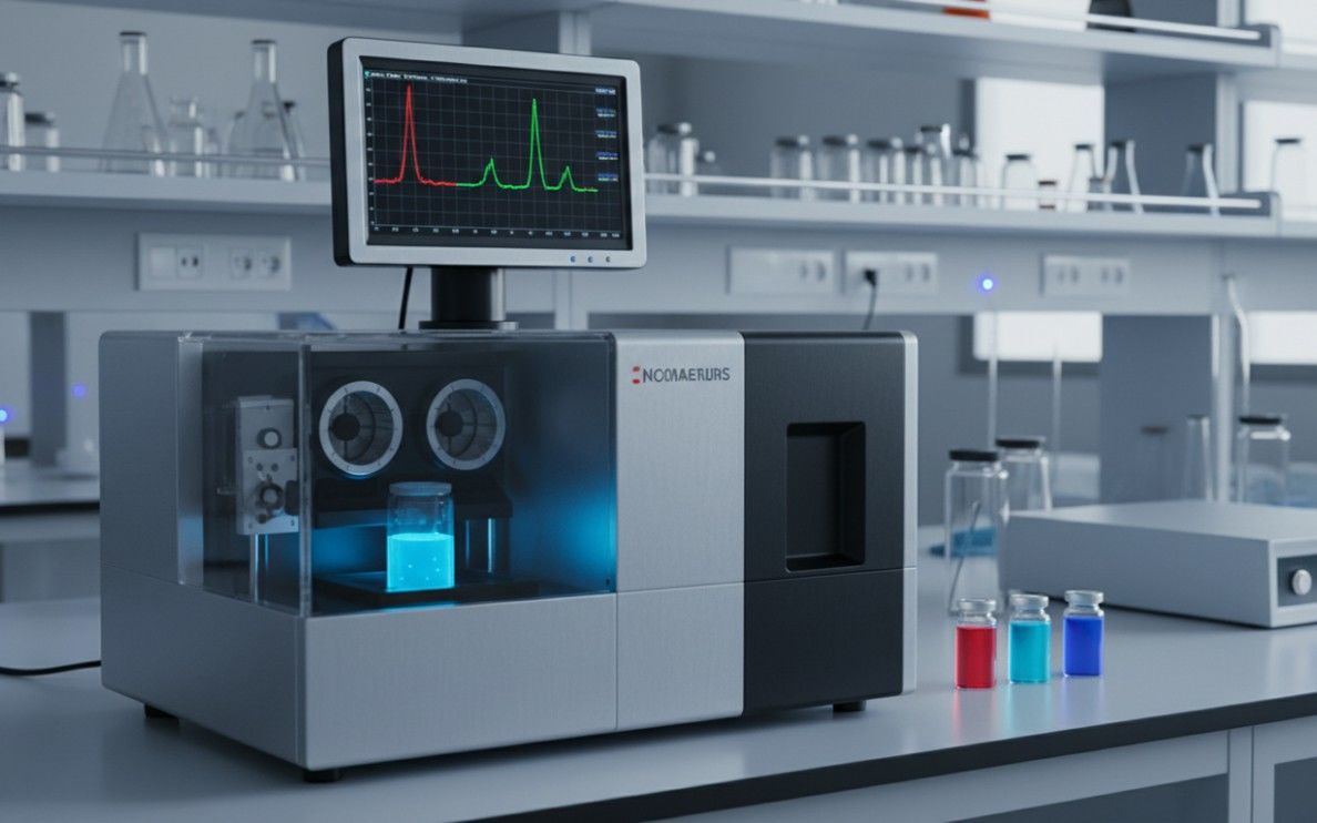 Spectrofluorometer measuring photoluminescence with quantum dot samples in red, green, and blue solutions