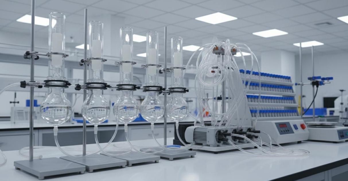 Array of Franz diffusion cells for in vitro drug release testing with donor chambers, dialysis membranes, and receptor chambers connected to automated pumps