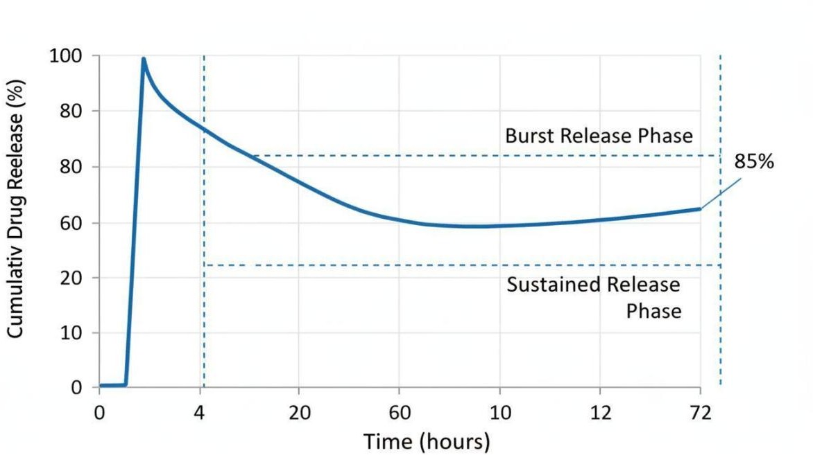 Biphasic in vitro drug release profile showing initial burst release followed by sustained release over 72 hours from polymeric nanoparticles