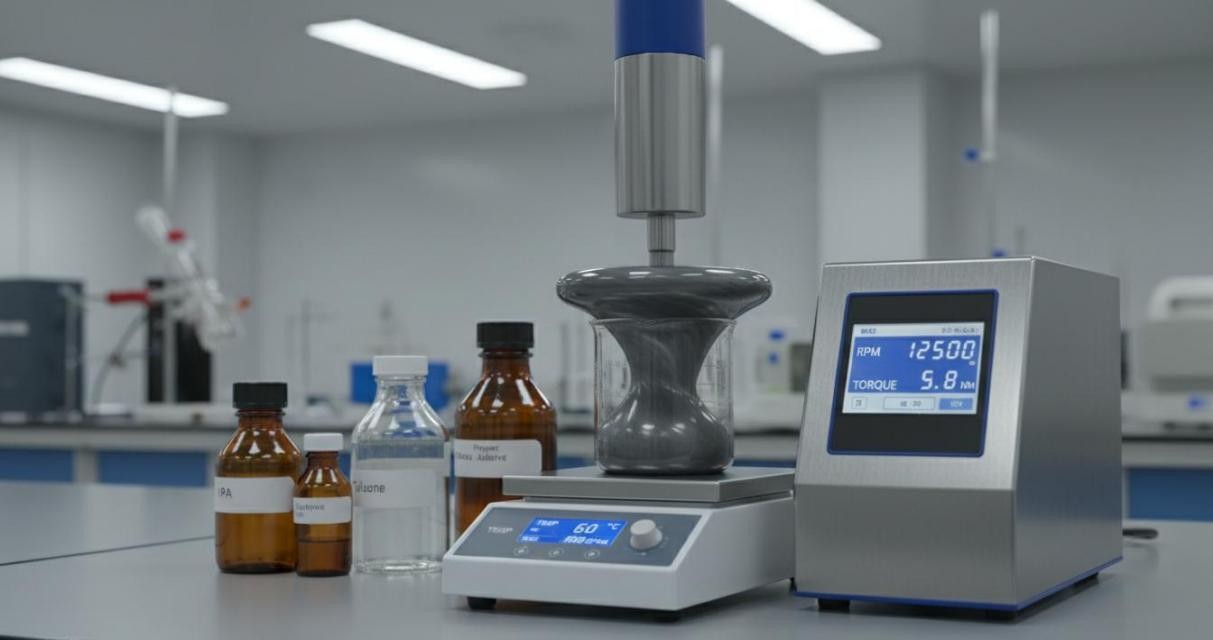 High-shear dispersing homogenizer mixing silver nanoparticles into viscous polymer binder solution with digital RPM and torque readout