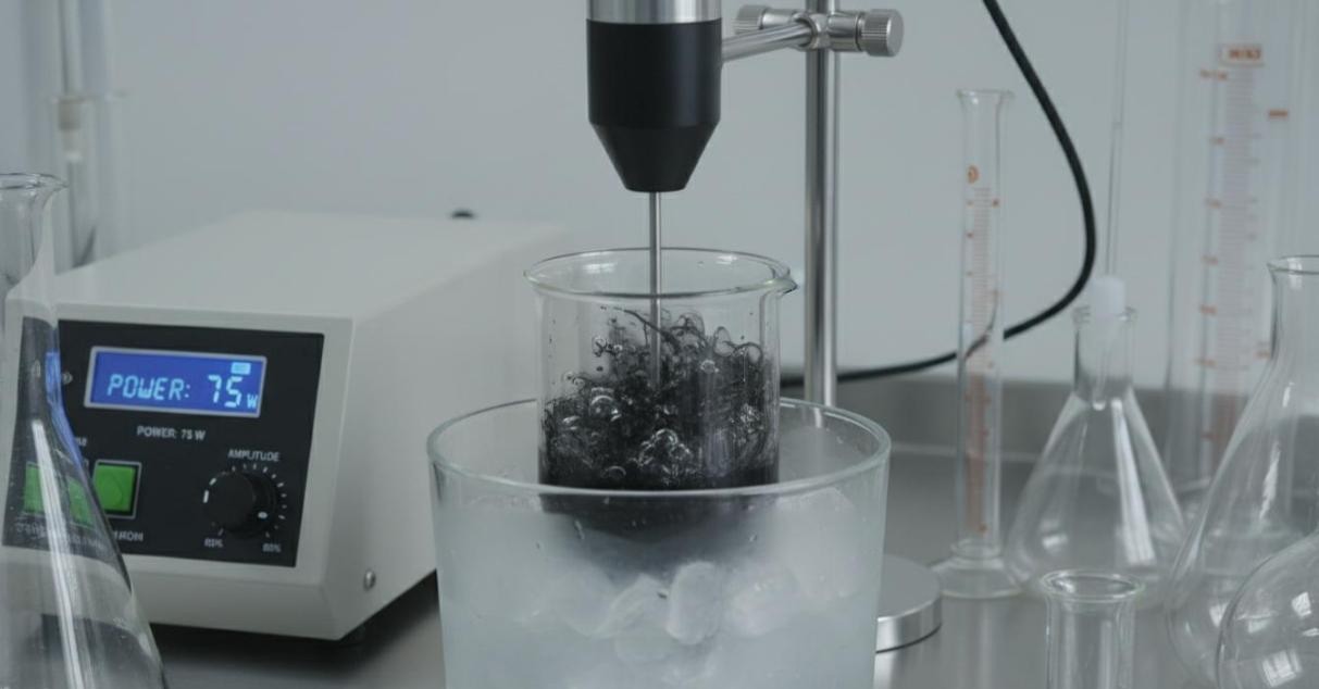 Ultrasonic probe sonicator dispersing carbon nanomaterials in glass beaker surrounded by ice bath to prevent thermal damage during processing