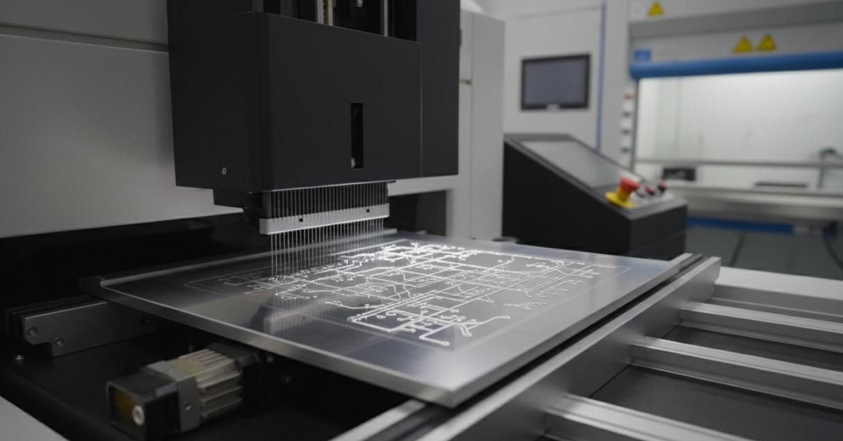 Inkjet printer depositing silver nanoparticle conductive ink onto flexible transparent PET substrate to form fine circuit traces