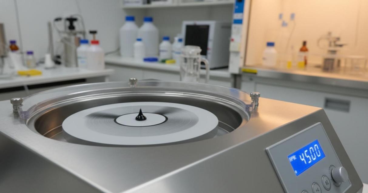 Spin coater spreading quantum dot ink droplet across wafer substrate at high rotational speed for uniform thin film formation