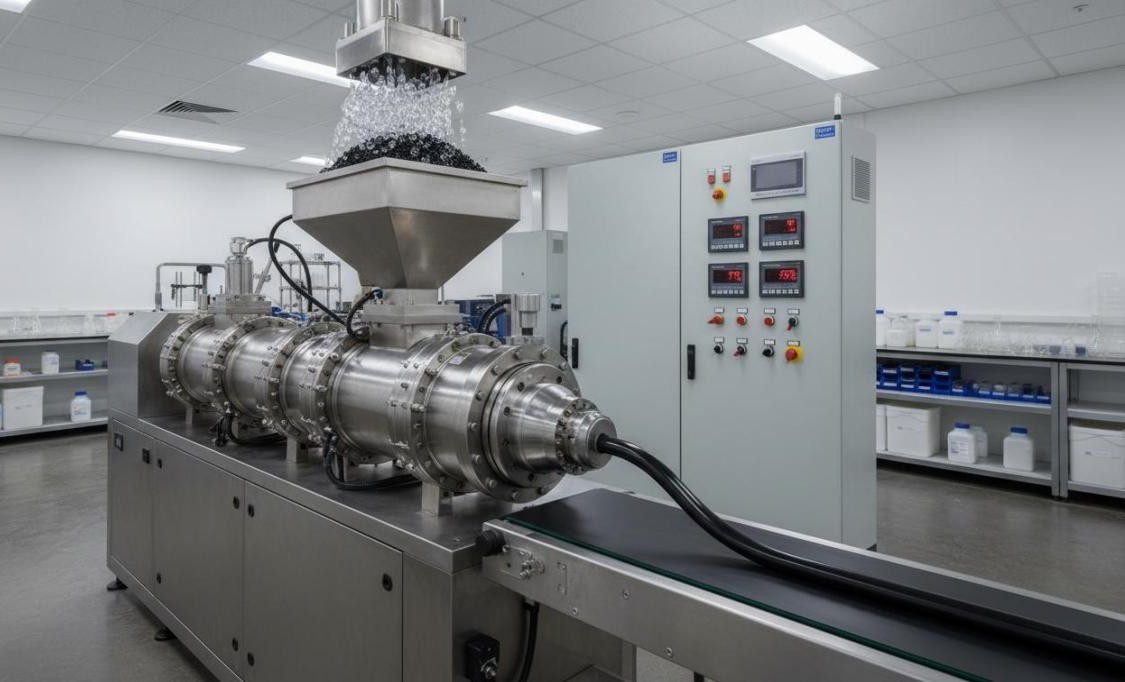 Co-rotating twin-screw extruder processing polymer pellets with nanofiller in heated barrel sections with control panel monitoring temperature and screw speed