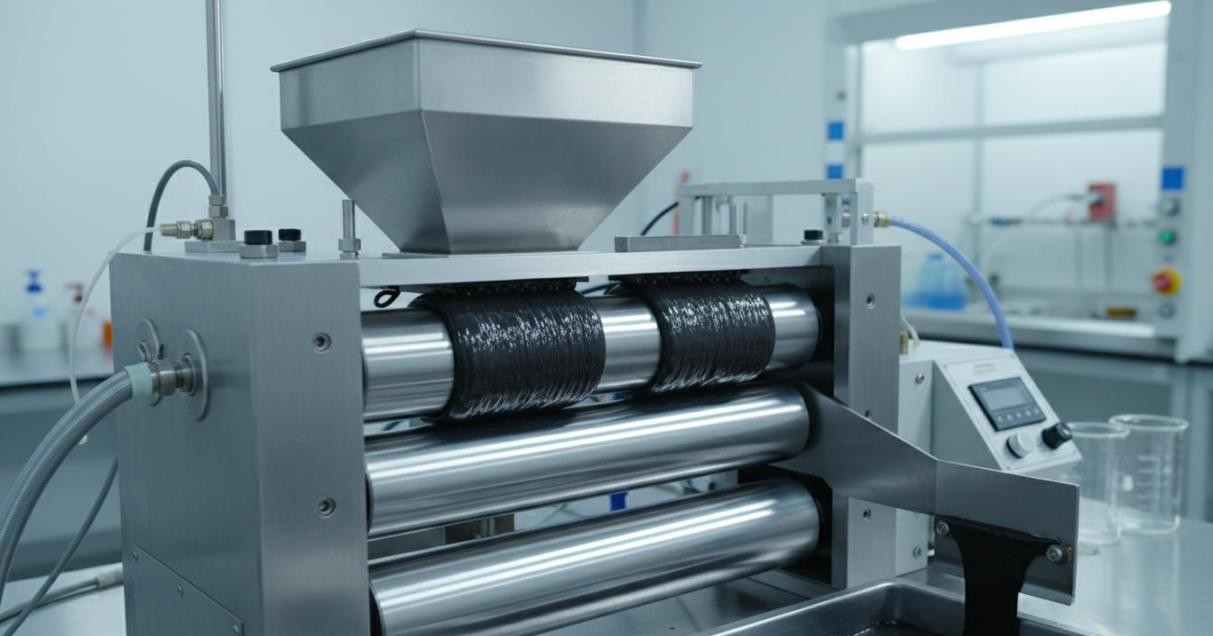 Three-roll mill with precision steel rollers processing viscous nanocomposite paste for high-shear dispersion of nanofillers into resin