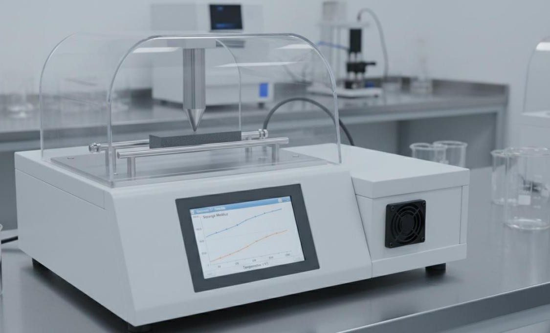 Dynamic mechanical analyzer with three-point bending fixture and temperature-controlled chamber displaying storage modulus and tan delta versus temperature