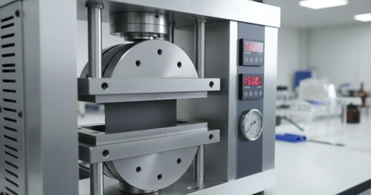 Hydraulic compression molding press with heated platens pressing nanocomposite sheet into precision steel mold for sample preparation