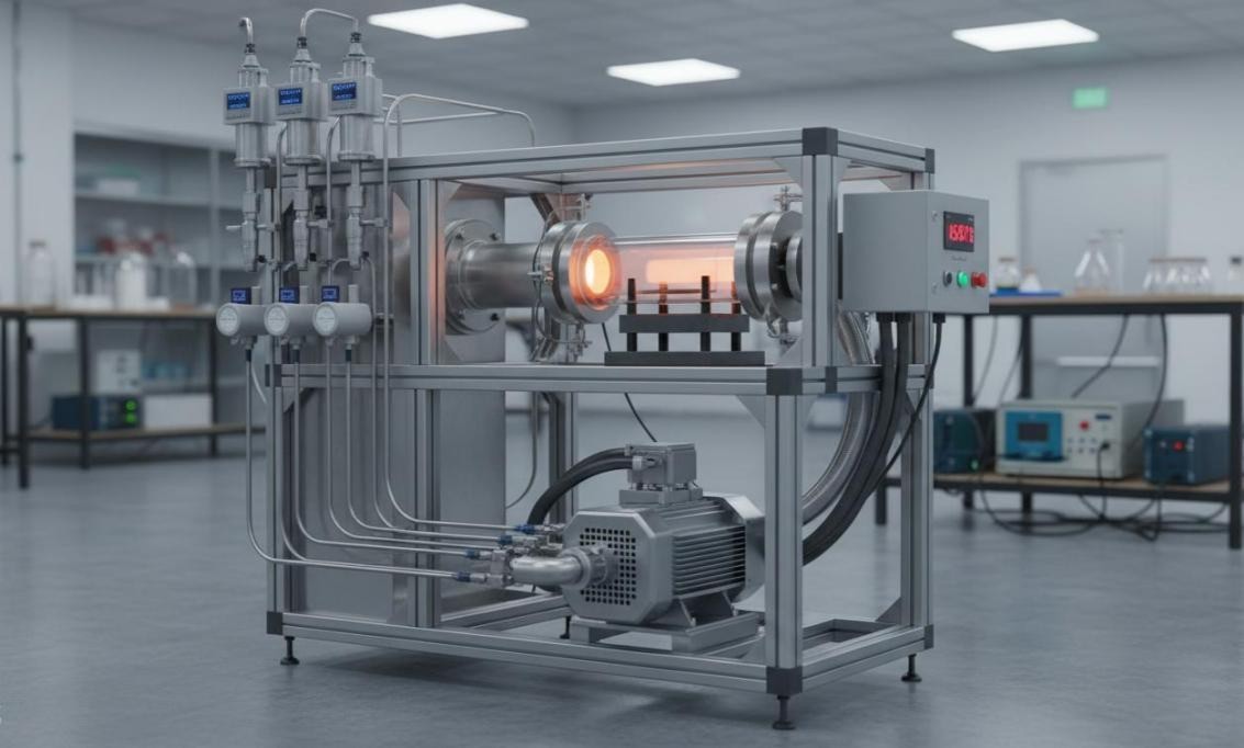 Horizontal quartz tube CVD system with precursor gas delivery lines, heated reaction zone glowing orange, and substrate holder inside for depositing conformal thin films