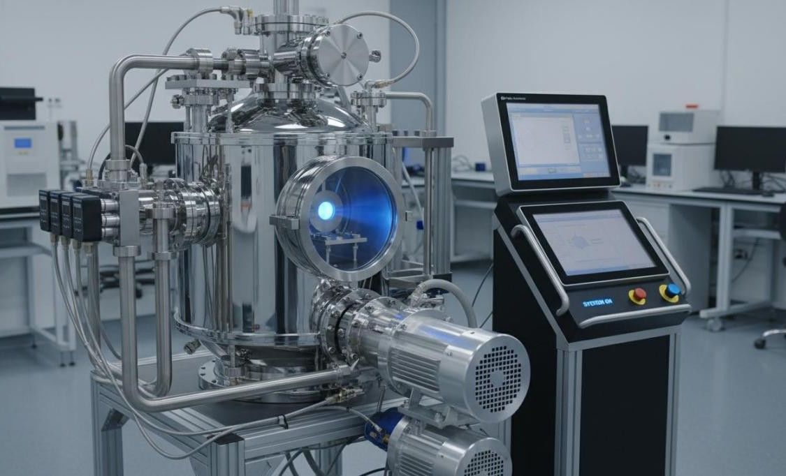 PVD magnetron sputtering system with cylindrical vacuum chamber, blue plasma glow, circular target cathode, substrate holder, and turbomolecular pump