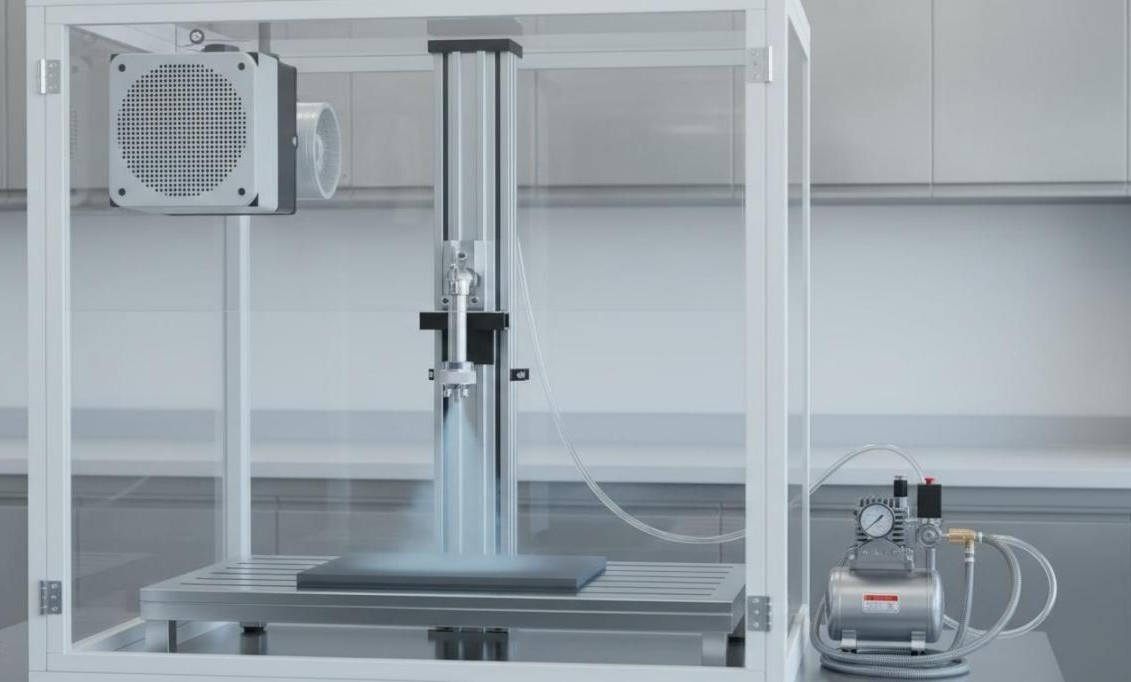Automated spray coating system with spray gun on vertical linear motion stage inside ventilated enclosure for large-area nanocomposite coating application