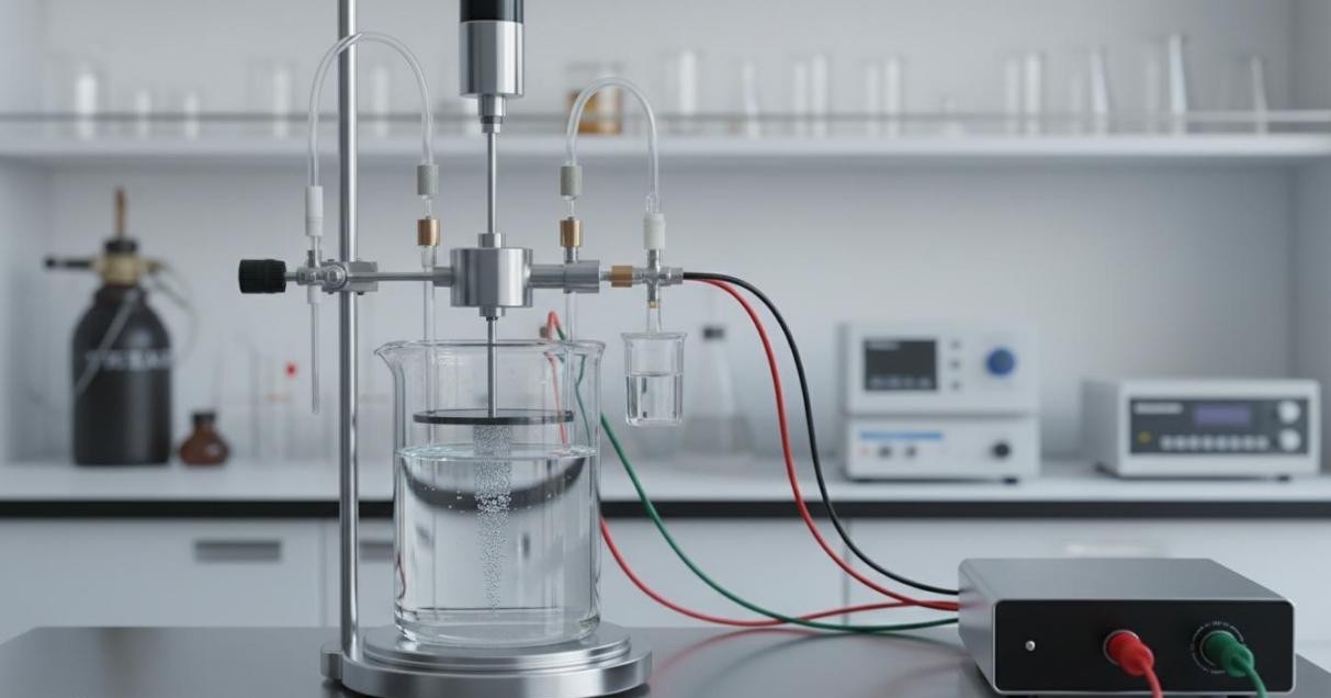 Rotating disk electrode with catalyst-coated glassy carbon disk in three-electrode cell connected to potentiostat for electrochemical activity testing