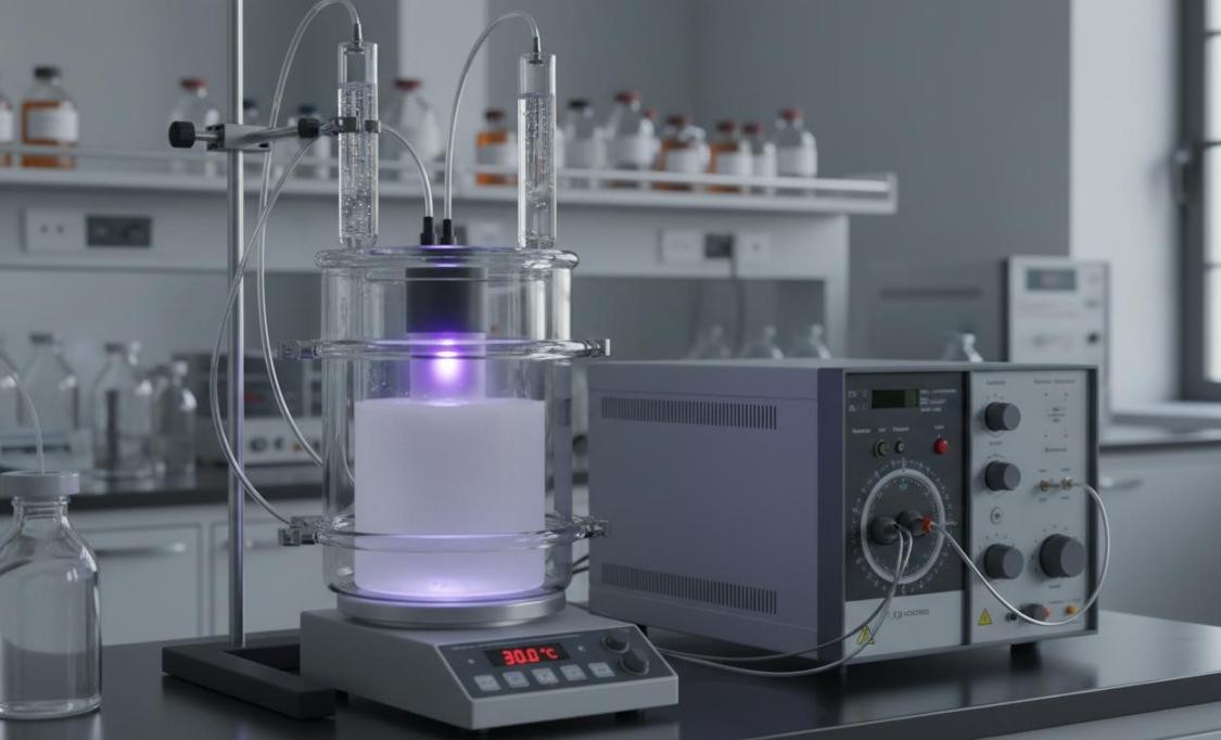 Photocatalytic water splitting reactor with UV-Vis illumination source, cooling jacket, and gas collection tubes connected to online analysis