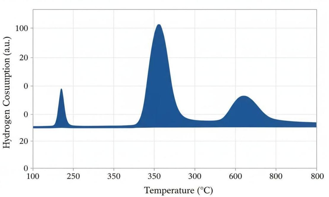 Temperature-programmed reduction profile showing hydrogen consumption peaks corresponding to sequential reduction of metal oxide species on catalyst