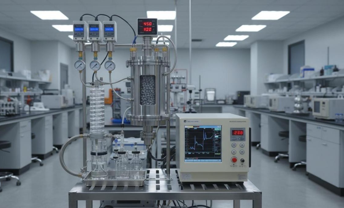 Fixed-bed catalytic reactor with mass flow controllers, heater reactor tube, and online gas chromatograph for continuous-flow catalytic testing