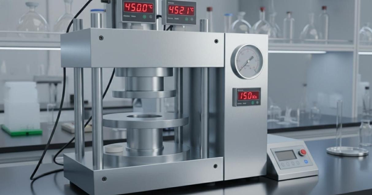 Hydraulic hot press system with heated platens and temperature controllers for densifying solid-state electrolyte pellets for all-solid-state battery research