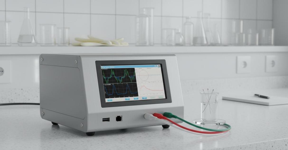 Electrochemical workstation with color touchscreen displaying cyclic voltammetry curves and Nyquist impedance plots connected to test cell via electrode cables