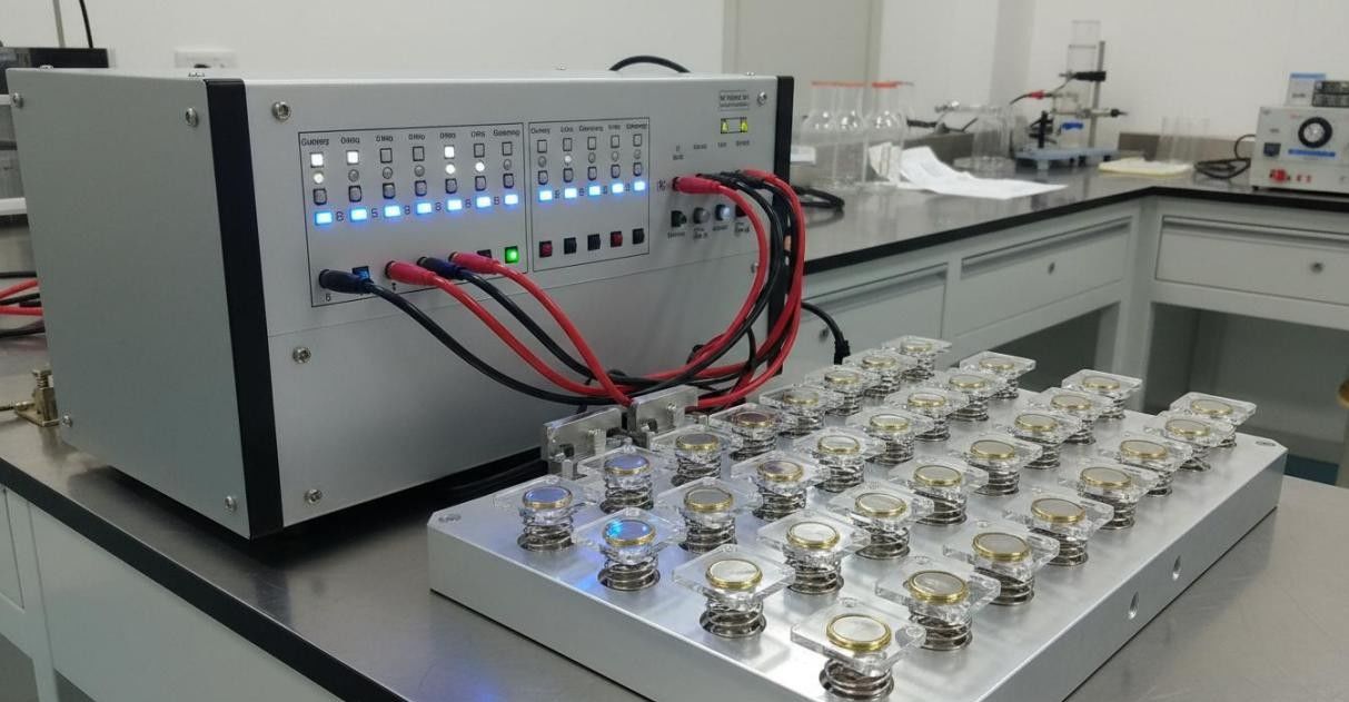 Multichannel battery cycler system with coin cell holders and LED indicators for parallel charge-discharge testing of multiple research cells