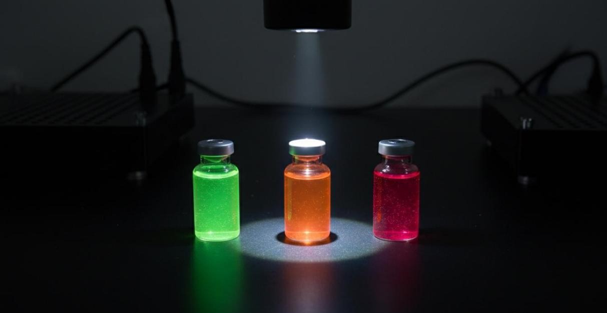 Three vials of colloidal quantum dot solutions emitting green, orange, and red fluorescence under UV excitation showing size-tunable emission