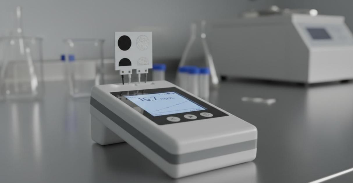 Portable electrochemical sensor with digital display showing concentration readings and disposable screen-printed three-electrode strip inserted