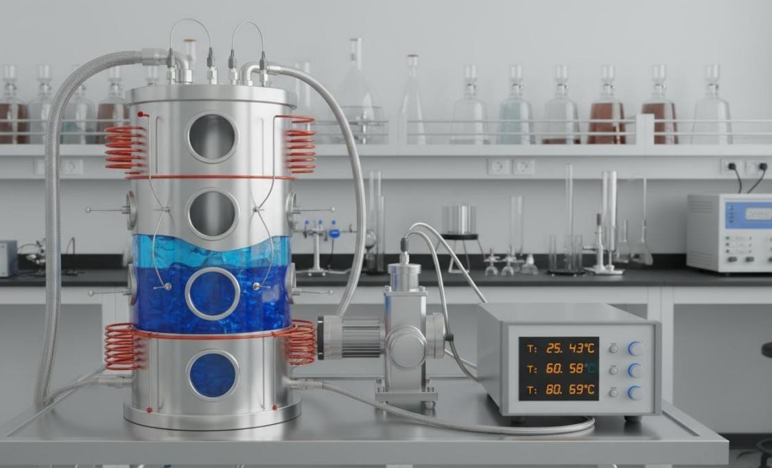 Phase change material thermal energy storage system with cylindrical tank, heating coils, heat transfer fluid tubes, and data acquisition unit with temperature displays