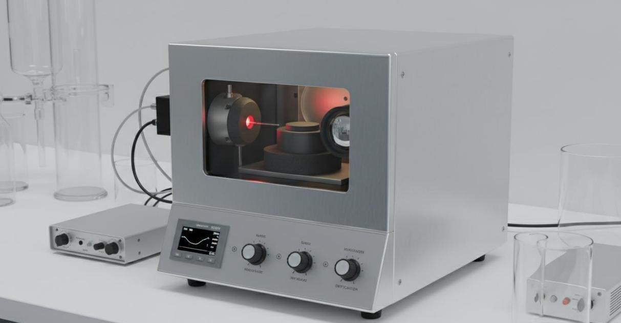 Laser flash thermal analyzer with sample holder, laser pulse source, and infrared detector for measuring thermal diffusivity of solid samples