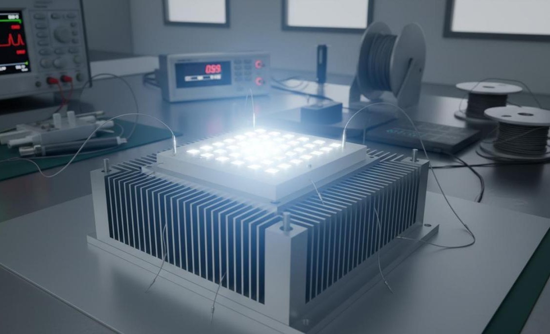 High-power LED module on ceramic-aluminum nitride substrate and aluminum heat sink with thermocouple sensors for thermal management testing
