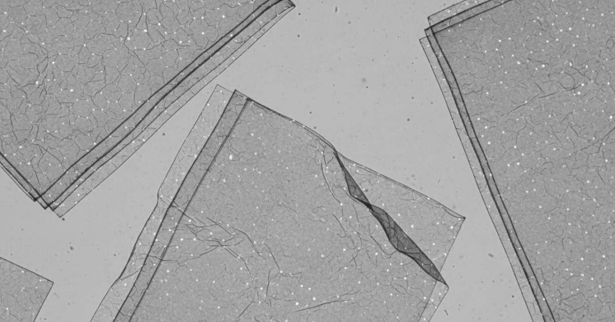 TEM image of ultra-thin graphene nanosheets showing transparent sheets with folded edges and hexagonal lattice patterns