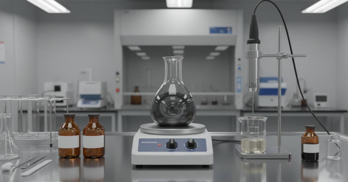 Nanolubricant formulation setup with magnetic stirrer, sonicator probe, and bottles of base oil and nanoparticle additives on lab bench