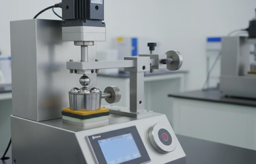 Four-ball tribometer with rotating steel ball pressing against three stationary balls in lubricant-filled cup for anti-wear testing
