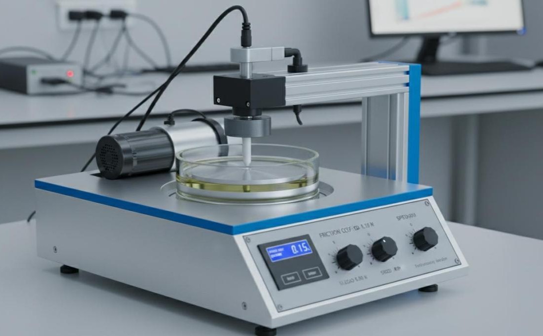Pin-on-disc tribometer with stationary pin contacting rotating disc surrounded by lubricant reservoir for friction and wear measurement