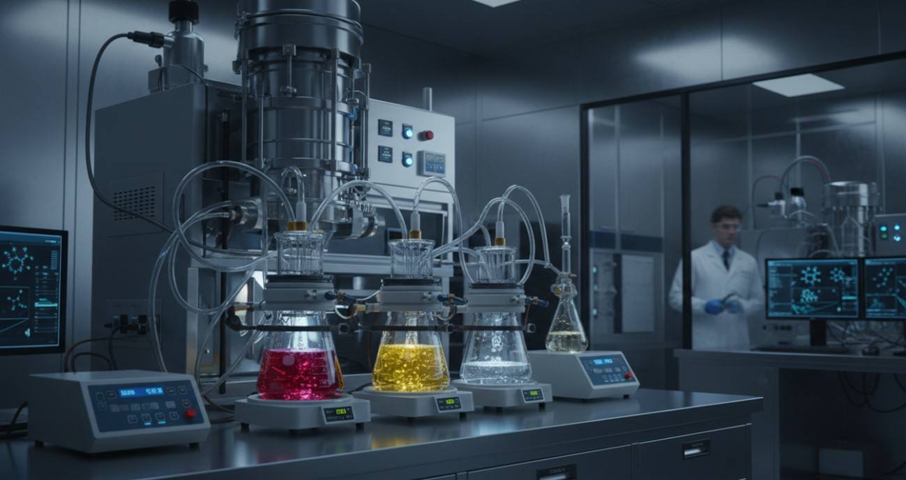 State-of-the-art nanomaterial synthesis lab featuring CVD systems and vibrant colloidal solutions housed in glass reactors