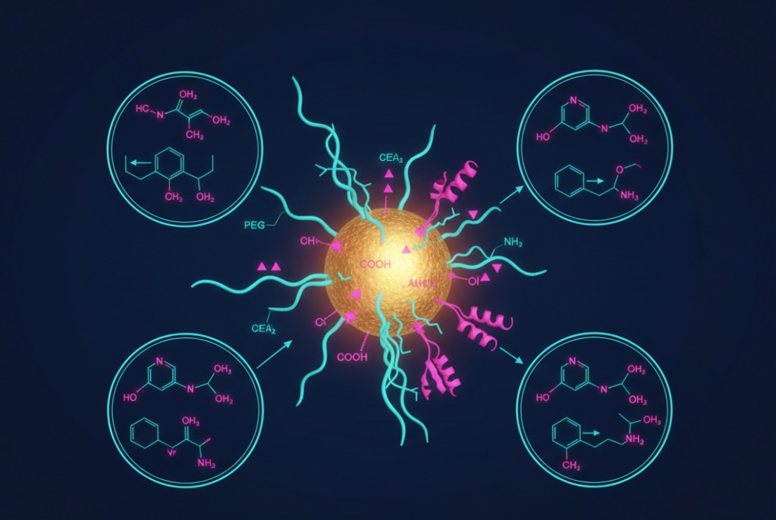 Schematic of nanoparticle surface functionalization, illustrating molecular ligands anchored to a gold nanoparticle core