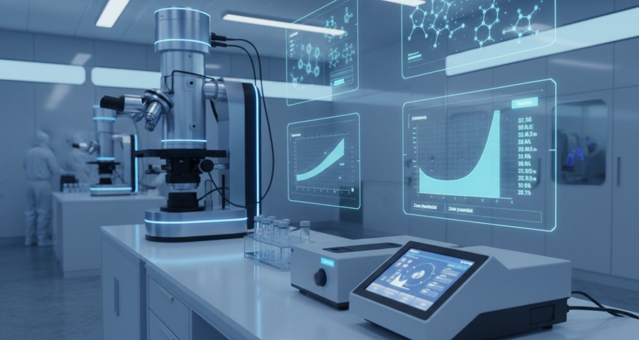 Contemporary nanomaterial characterization suite equipped with an electron microscope, dynamic light scattering instruments, and holographic data visualizations