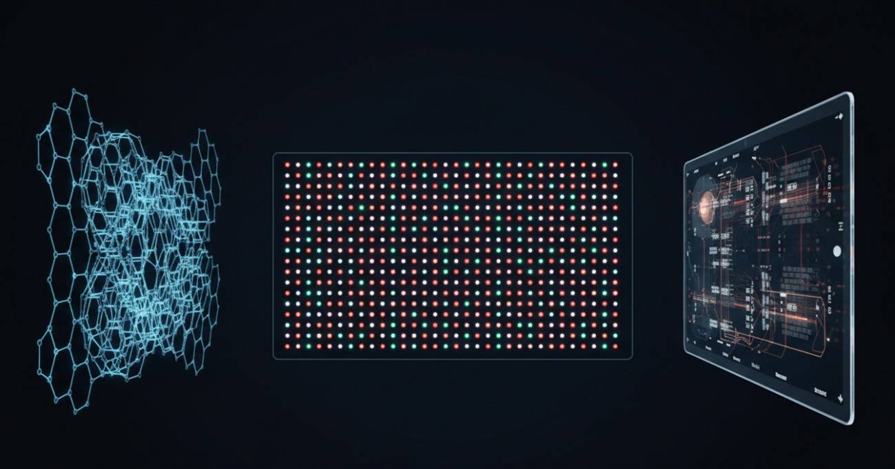 Quantum dots fluorescing in red, green, and blue, paired with carbon nanotube architectures and flexible nanoelectronic components